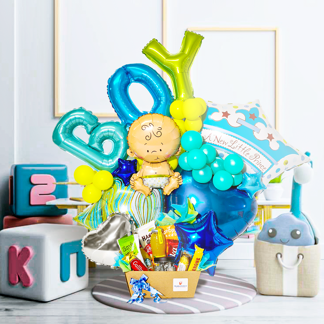 Babyshower dekor ballong kurv | Gavekurv for Nyfødte