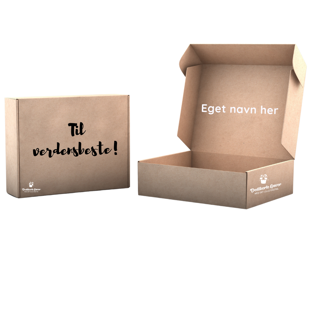 Tekst på esken "Til verdensbeste" og eget navn