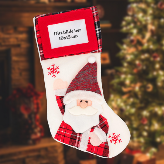 Stor Rød julestrømpe med Hilsende Nisse og Fotolomme!