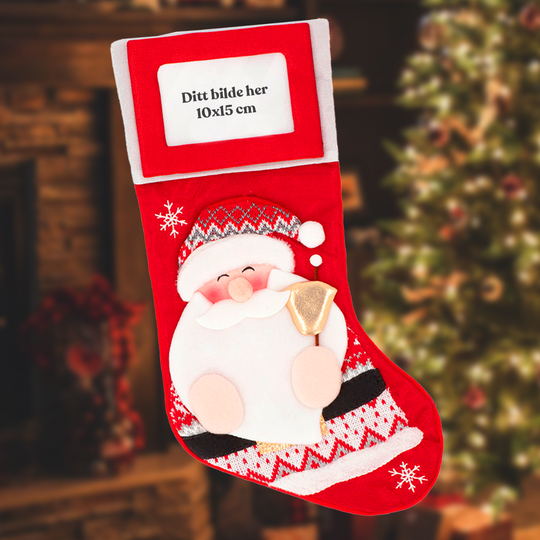Julenisse med bjelle julestrømpe med Fotolomme