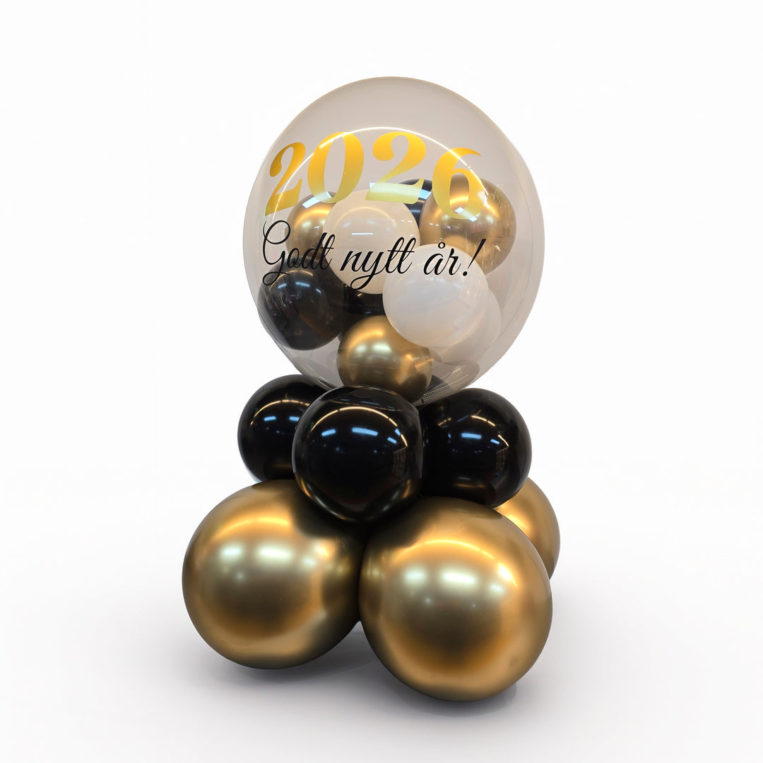 Nyttårsbobleballong 2026 «Godt nytt år» – eksklusiv gull & svart borddekorasjon