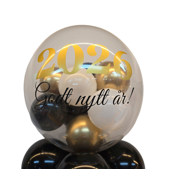 Nyttårsbobleballong 2026 «Godt nytt år» – eksklusiv gull & svart borddekorasjon