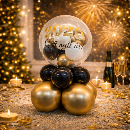 Nyttårsbobleballong 2026 «Godt nytt år» – eksklusiv gull & svart borddekorasjon