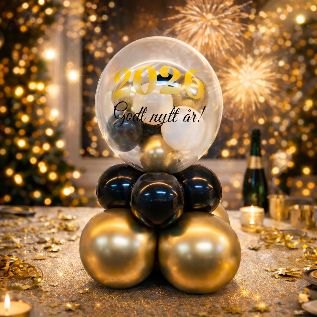 Nyttårsbobleballong 2026 «Godt nytt år» – eksklusiv gull & svart borddekorasjon