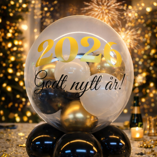 Nyttårsbobleballong 2026 «Godt nytt år» – eksklusiv gull & svart borddekorasjon