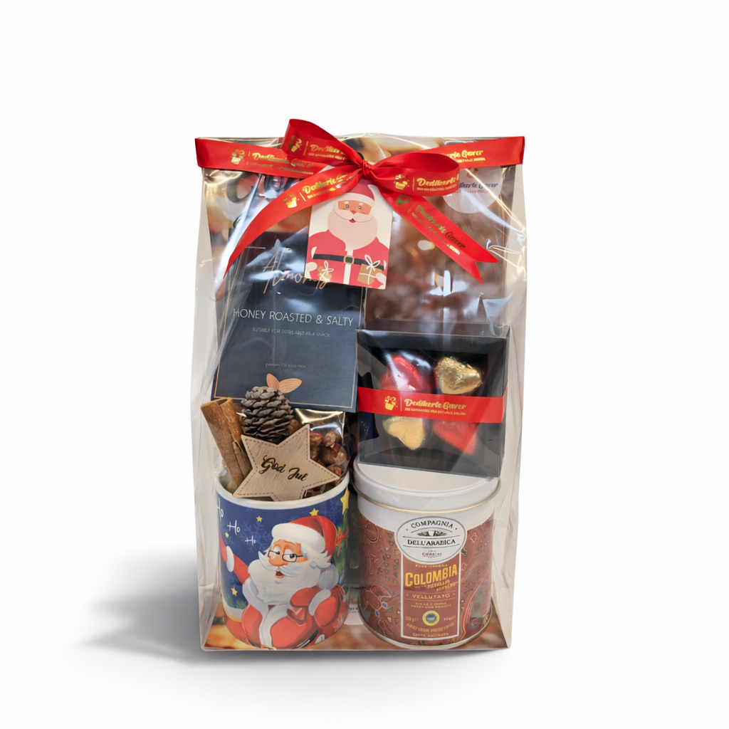 Eksklusiv julegavepose med kaffe, sjokolade og brente mandler