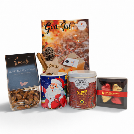 Eksklusiv julegavepose med kaffe, sjokolade og brente mandler