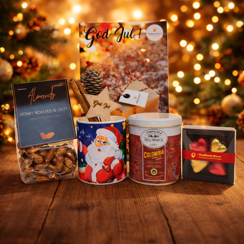 Eksklusiv julegavepose med kaffe, sjokolade og brente mandler