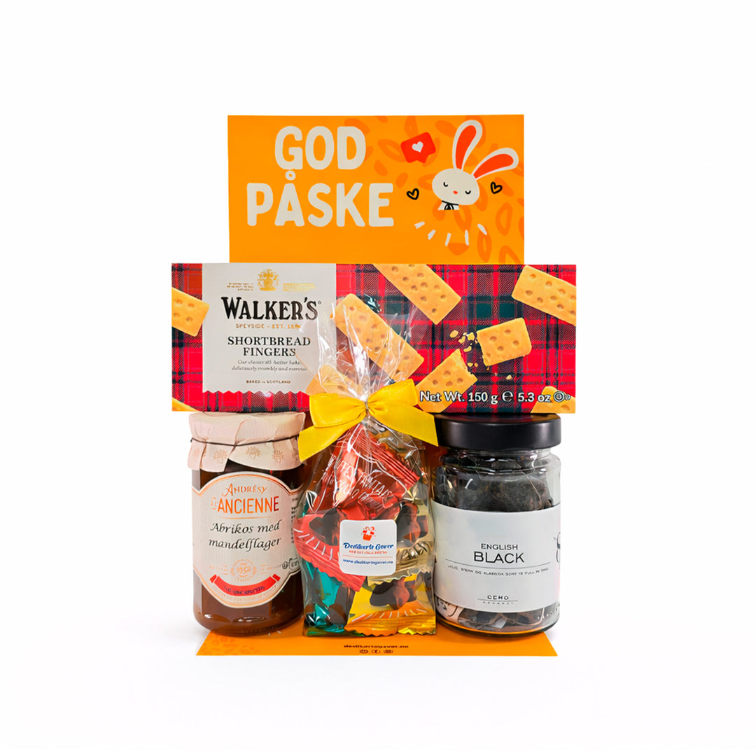 Påskehygge gavepose med te, kjeks, syltetøy og sjokoladetrøfler