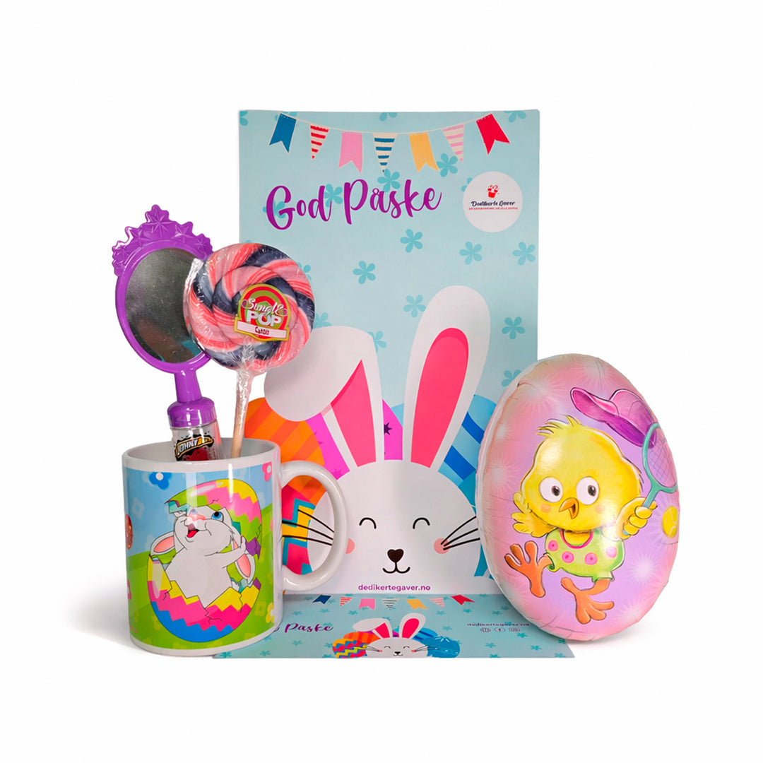 Påskepose til jente med håndlaget påskekopp, lollipop og påskeegg fylt med godteri, påskedesign og God Påske-kort.