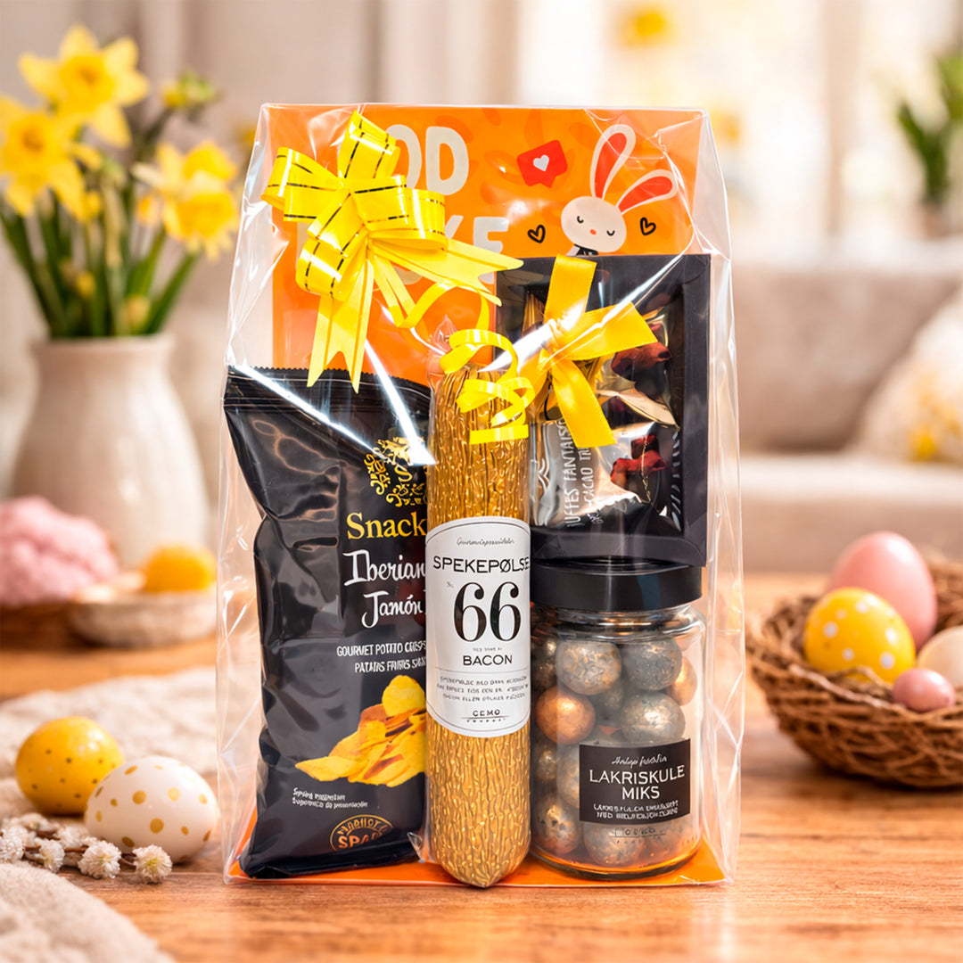 Påskedelikatesser gavepose i påskemiljø med egg og vårdekor