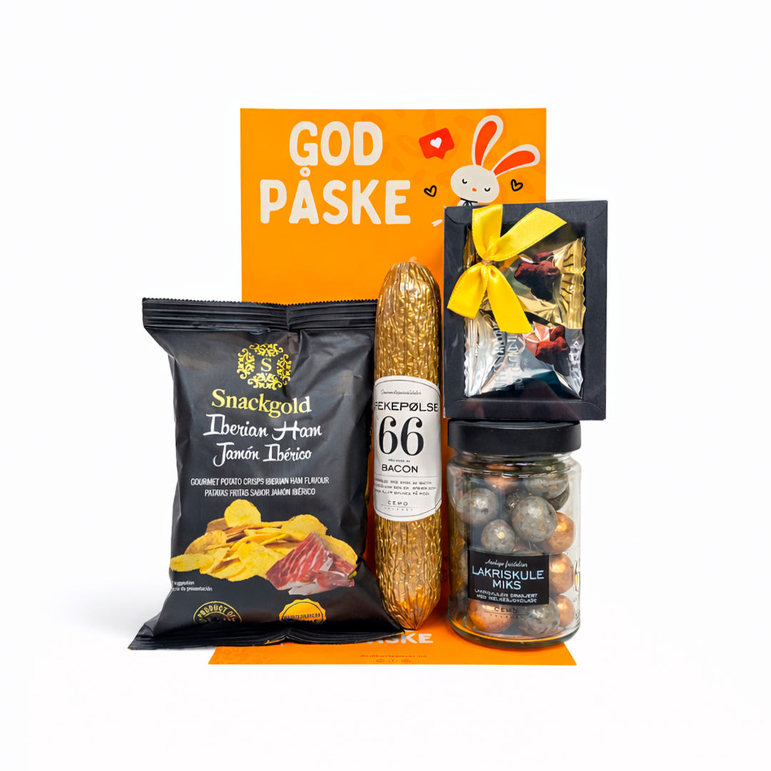 Påskedelikatesser gavepose med spekepølse, lakriskulemiks, potetgull og sjokoladetrøfler