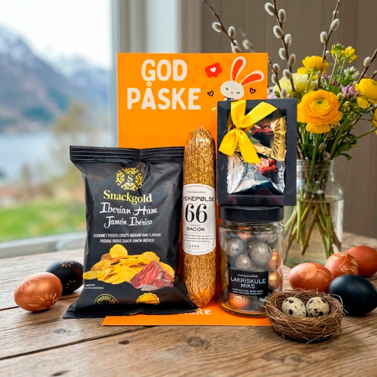 Påskedelikatesser gavepose ved vindu med blomster og påskestemning