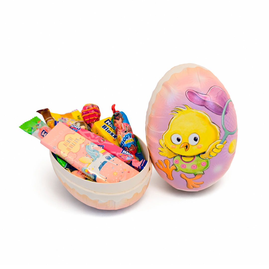 Påskeegg fylt med godteri og sjokolade som følger med i Påskelykke gavepose til jente