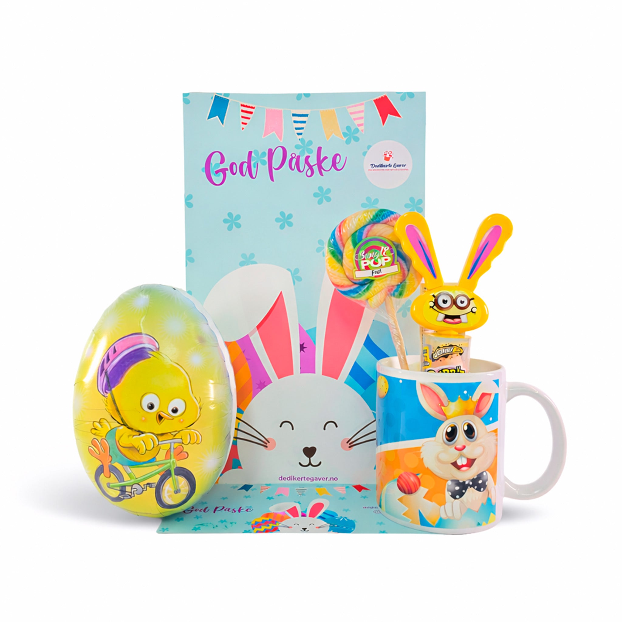 Påskemoro gavepose til gutt med håndlaget kopp, påskeegg, slikkepinne og Rabbit Pop på pappbunn med påskedesign