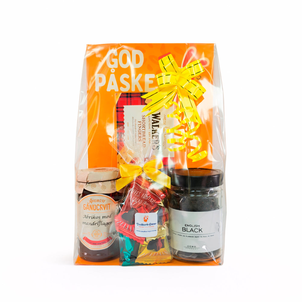 Påskehygge gavepose pakket i cellofan med gult bånd