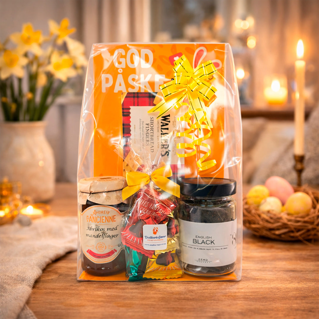 Påskehygge gavepose i stemningsfullt påskemiljø på bord