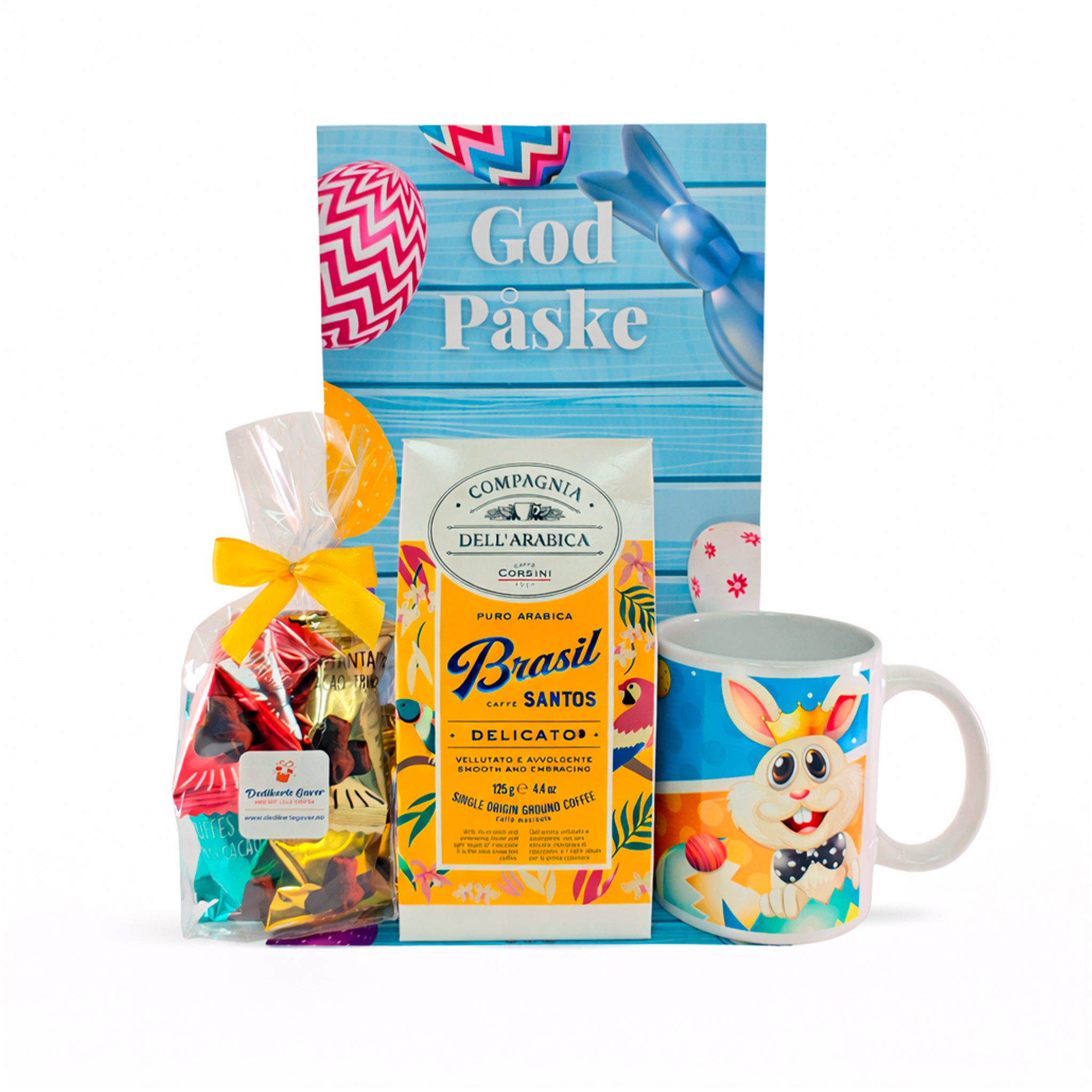 Påskekos gavepose med kaffe fra Brasil, sjokoladetrøfler og håndlaget kopp