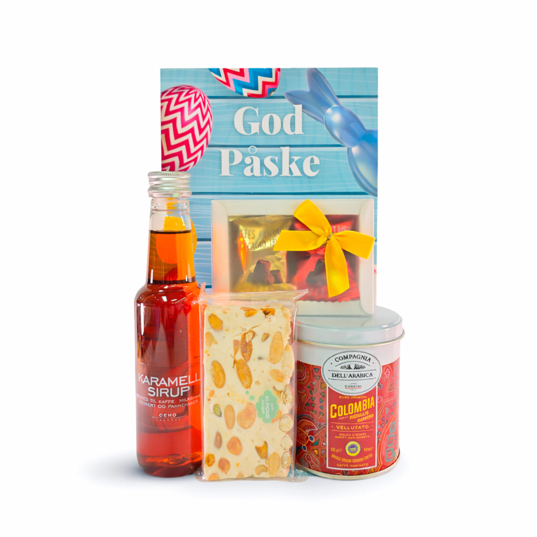 Påskeglede gavepose med kaffe fra Colombia, karamell sirup, nougat og sjokoladetrøfler