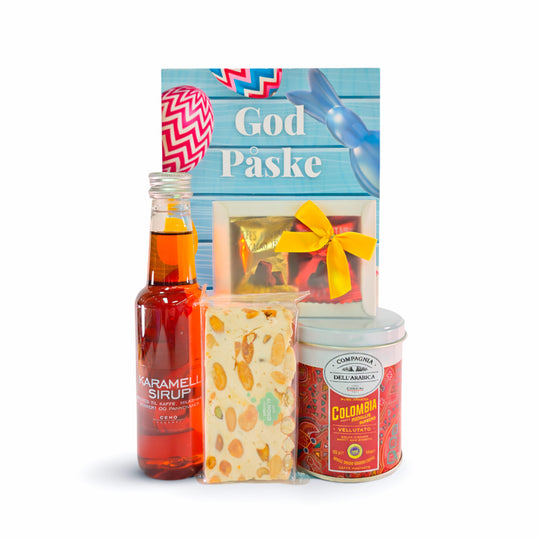 Påskeglede gavepose med kaffe fra Colombia, karamell sirup, nougat og sjokoladetrøfler