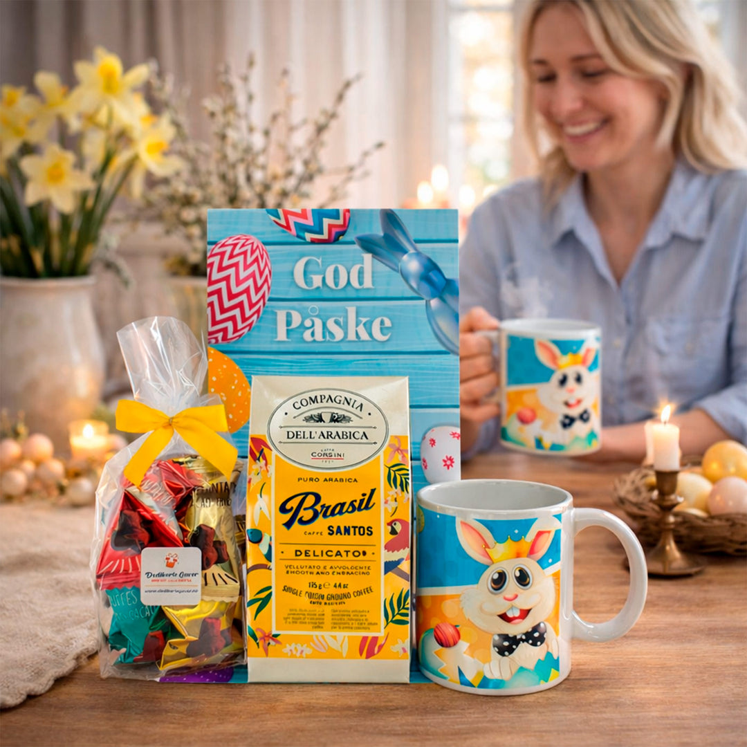 påskepose gave med kopp kaffe og sjokoladetrøfler