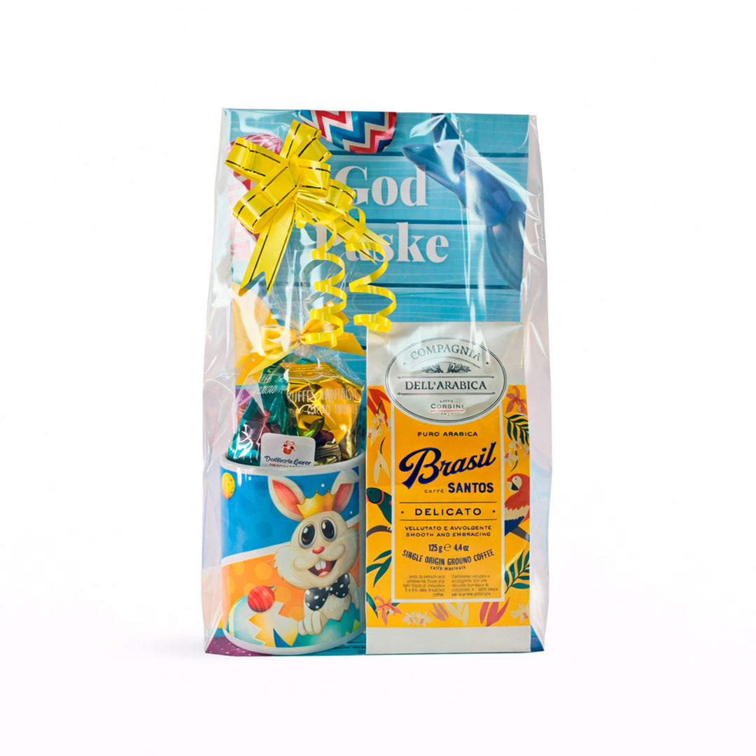 påskepose med kopp kaffe og sjokoladetrøfler fra Dedikerte Gaver