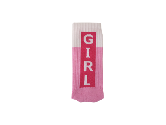 Bilde med en sokk med tekst girl, rosa og hvit farge